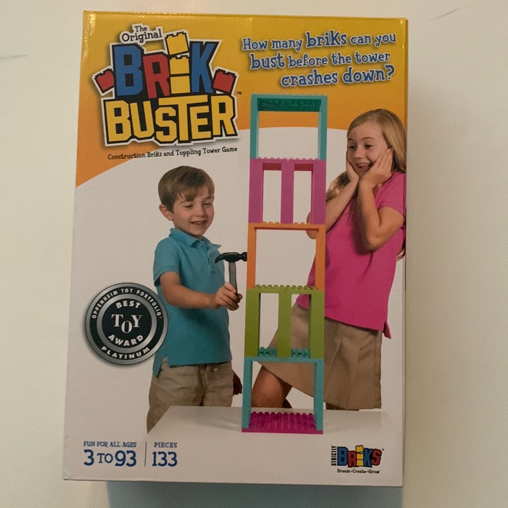 The original brik, buster construction brick, and toppling tower game